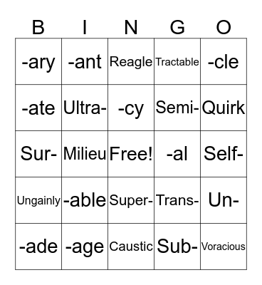 Vocabulary Bingo Card