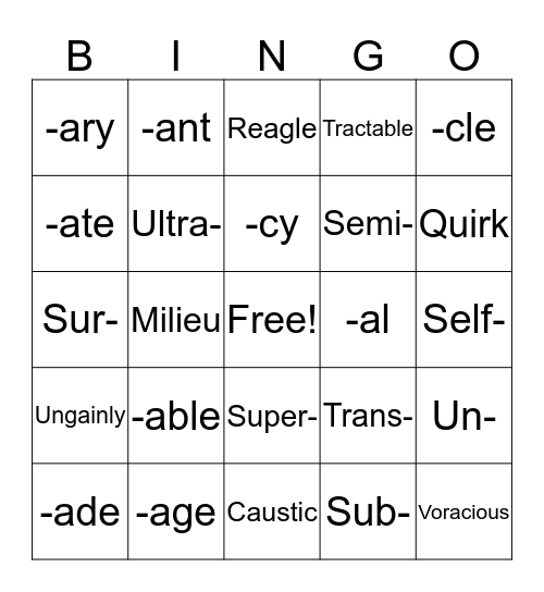 Vocabulary Bingo Card