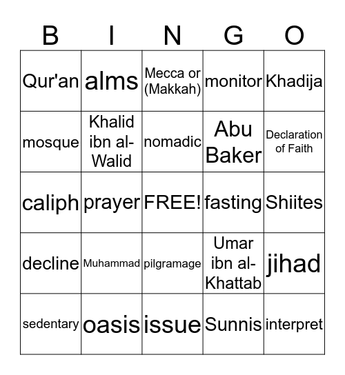 Spread of Islam Bingo Card