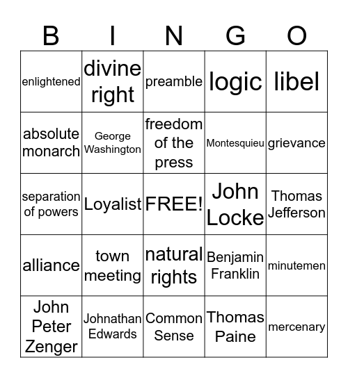 Chapter 2 - From Colonies to Nation Bingo Card