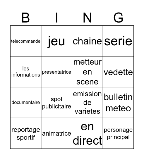 Bien Dit 2, Chapter 9, Vocabulary 2 Bingo Card