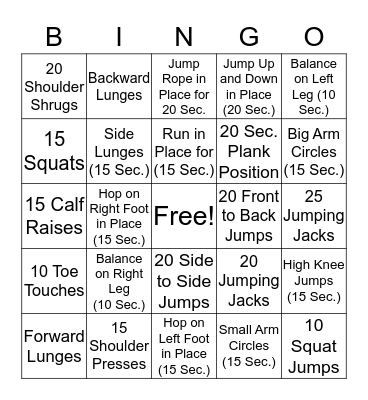 Fitness Bingo  Bingo Card