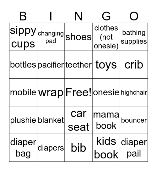 Baby Shower BINGO Card