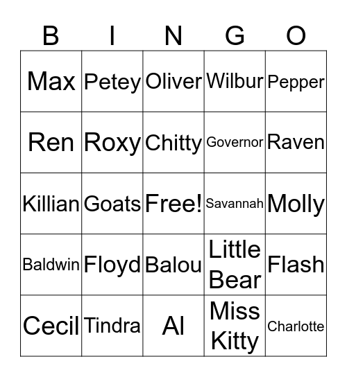PRHC Animals Bingo Card