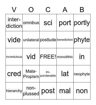 Vocabulary Bingo Card