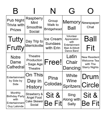 Westboro Park Activity Incentive Bingo Card