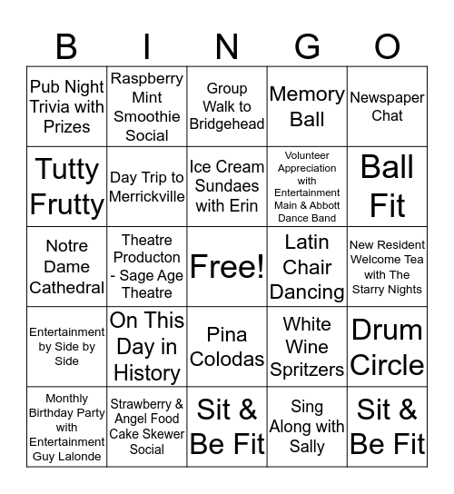 Westboro Park Activity Incentive Bingo Card
