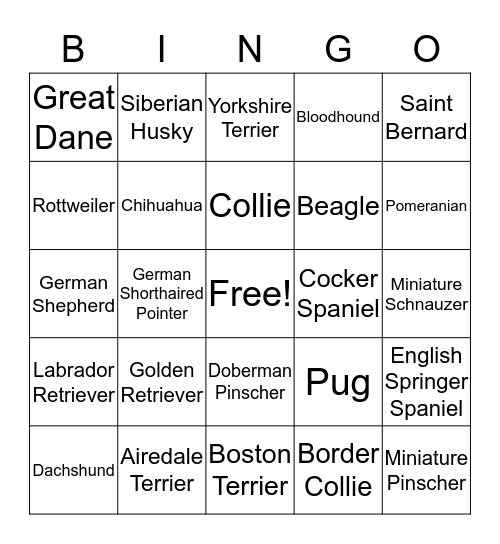 Dog Breed  Bingo  Bingo Card