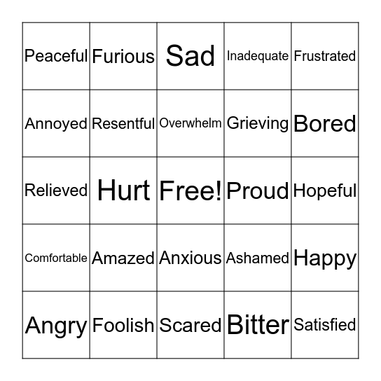 List of Emotions Bingo Card