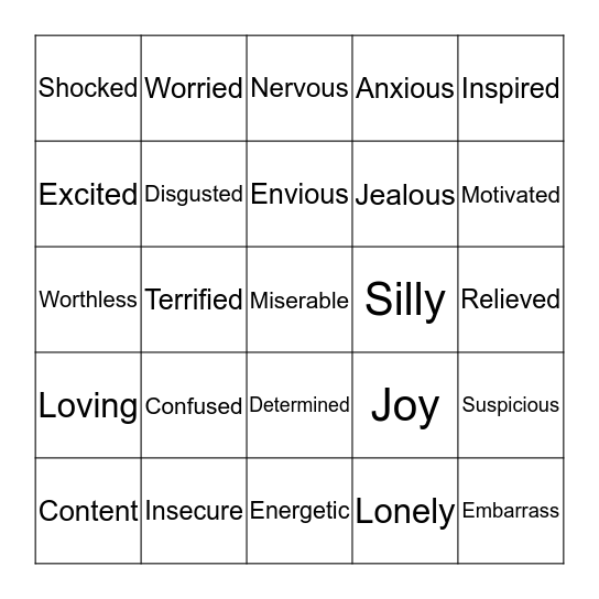 List of Emotions Bingo Card