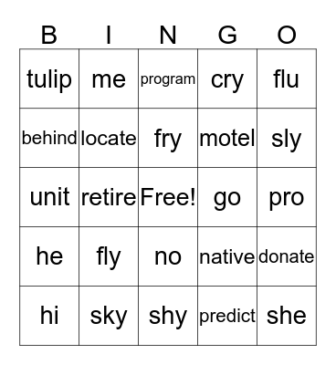 Open-Syllables Bingo Card