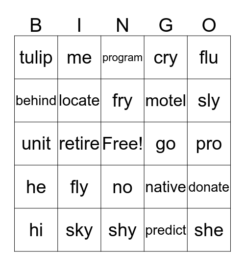 Open-Syllables Bingo Card