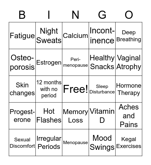 Menopause Bingo Card