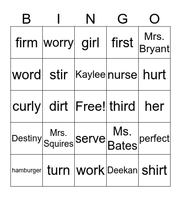 Vowel+/r/ Bingo Card