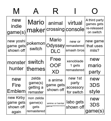 Nintendo Direct march, 8th, 2018 Bingo Card