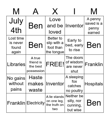 Ben Franklin's  Bingo Card