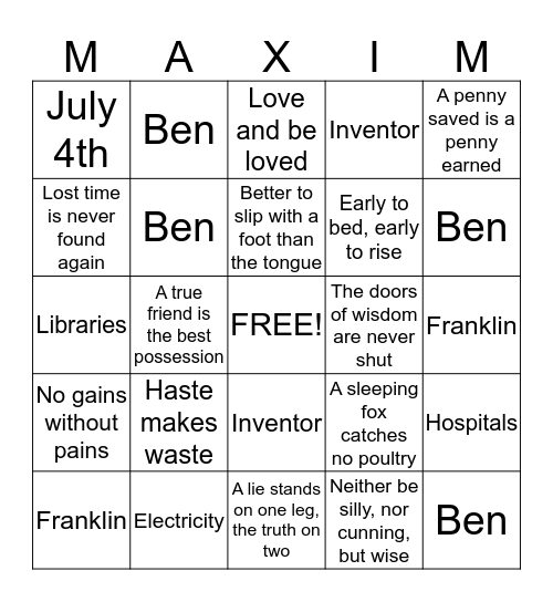 Ben Franklin's  Bingo Card