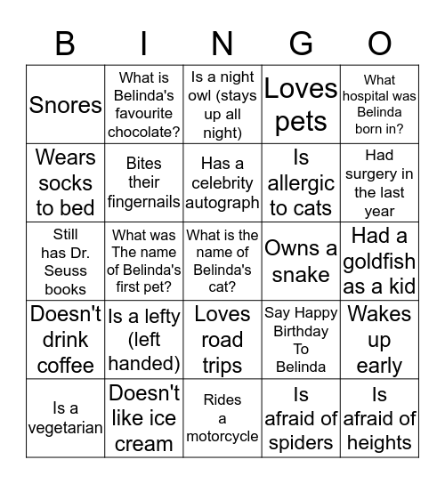 Belinda's Birthday Bingo Card