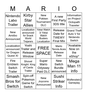 Nintendo Direct Bingo  Bingo Card