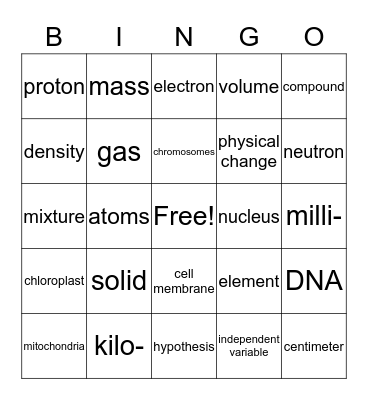Science 7 Words Bingo Card