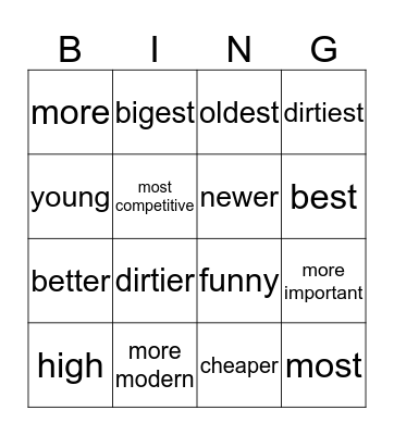 Comparison of Adjectives Bingo Card