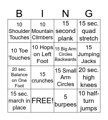 Fitness Bingo Card