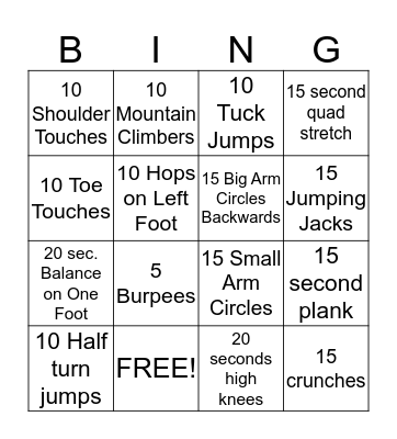 Fitness Bingo Card
