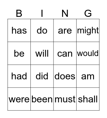 Helping Verbs Bingo Card