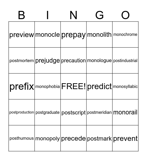 pre-, post-, mono- Bingo Card