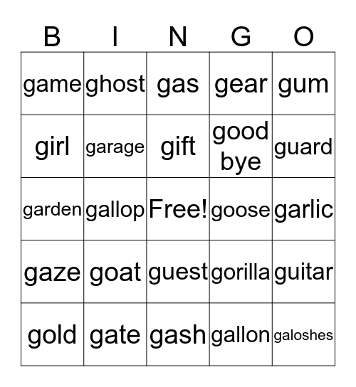 G Words Bingo Card