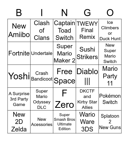 Nintendo Direct Bingo Card