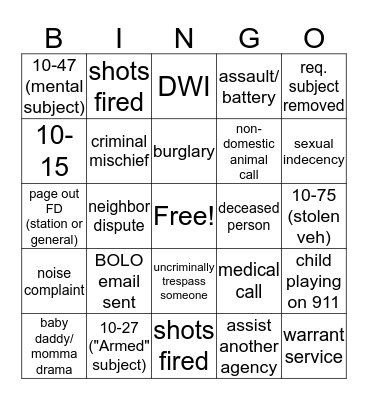Dispatch Appreciation Week Blotter Bingo #1 Bingo Card