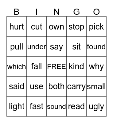 Word Wall List 10 Bingo Card