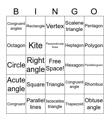 Geometry Bingo Card