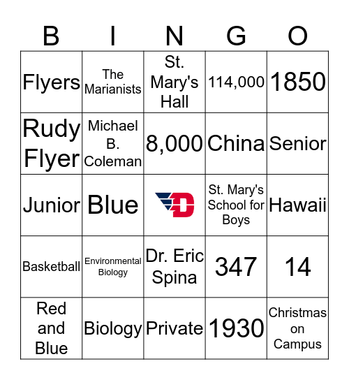 University of Dayton Bingo Card