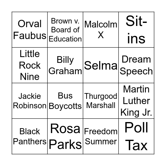Civil Rights Bingo  Bingo Card