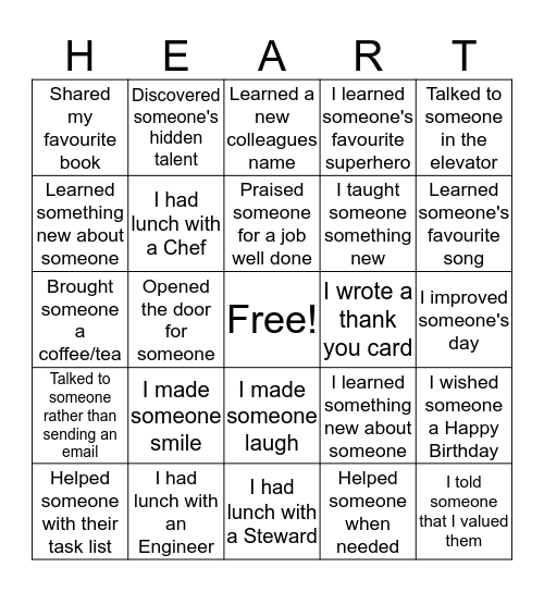 Heartist Bingo Card