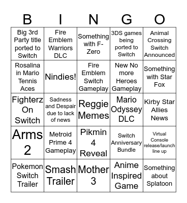 Nintendo Direct Bingo  Bingo Card