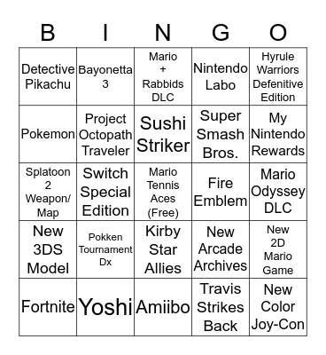 Nintendo Direct 3/8/18 Bingo Card