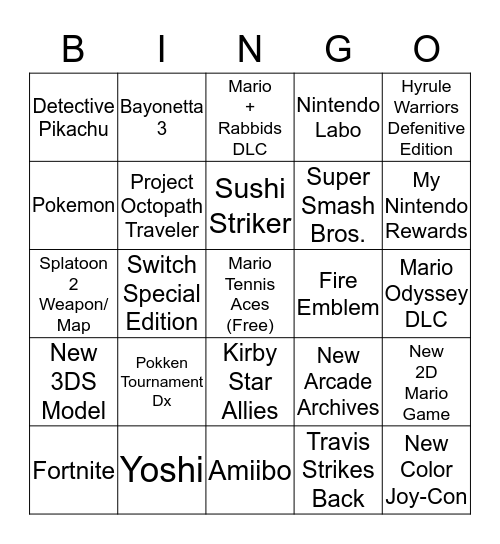 Nintendo Direct 3/8/18 Bingo Card