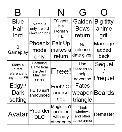 Nintendo Direct FE Bingo Card