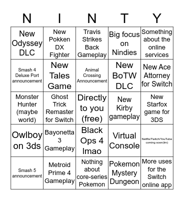 Nintendirect Bingo 3.8.2018 Bingo Card