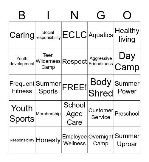 YMCA Customer Service Bingo Card