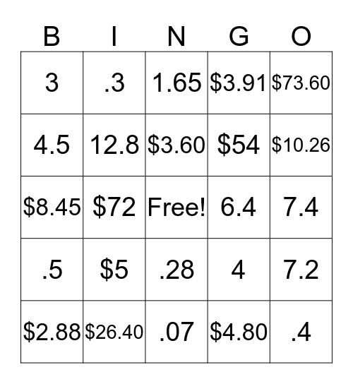 Percent Tip Bingo Card