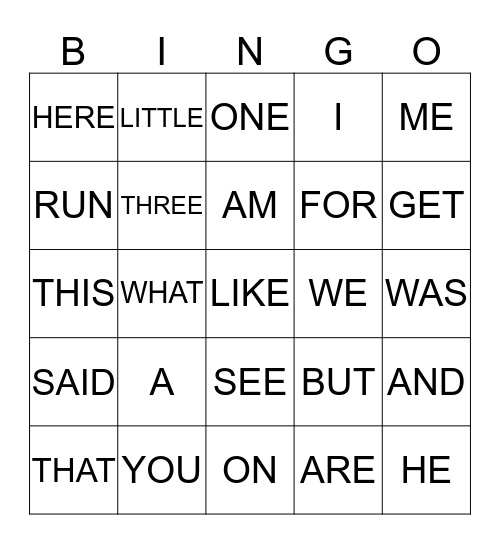 Sight Words Bingo Card