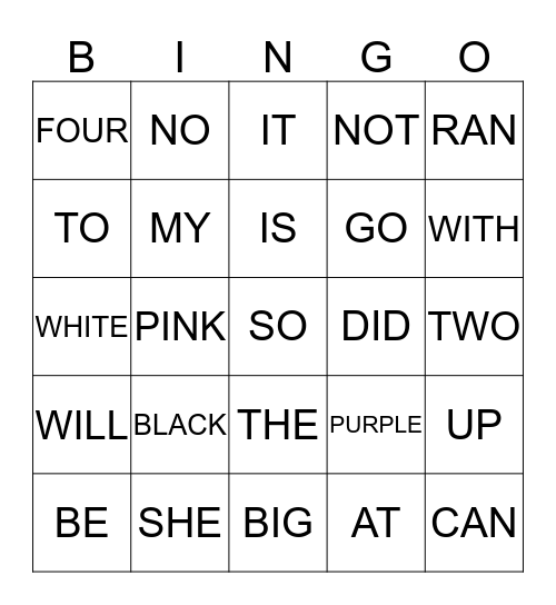 Sight Words Bingo Card