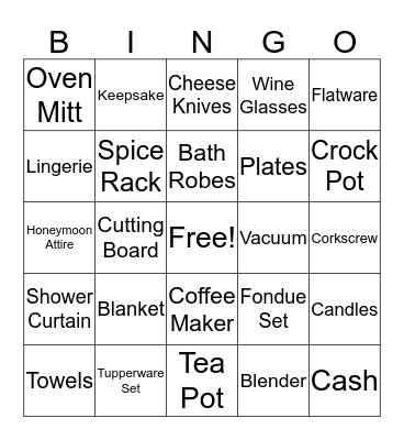 Rachel's Bridal Shower Bingo Card