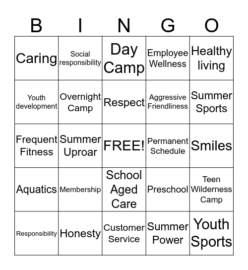 YMCA Customer Service Bingo Card