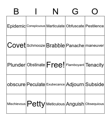 English Vocab Words Bingo Card