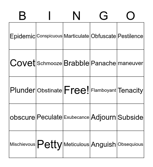 English Vocab Words Bingo Card